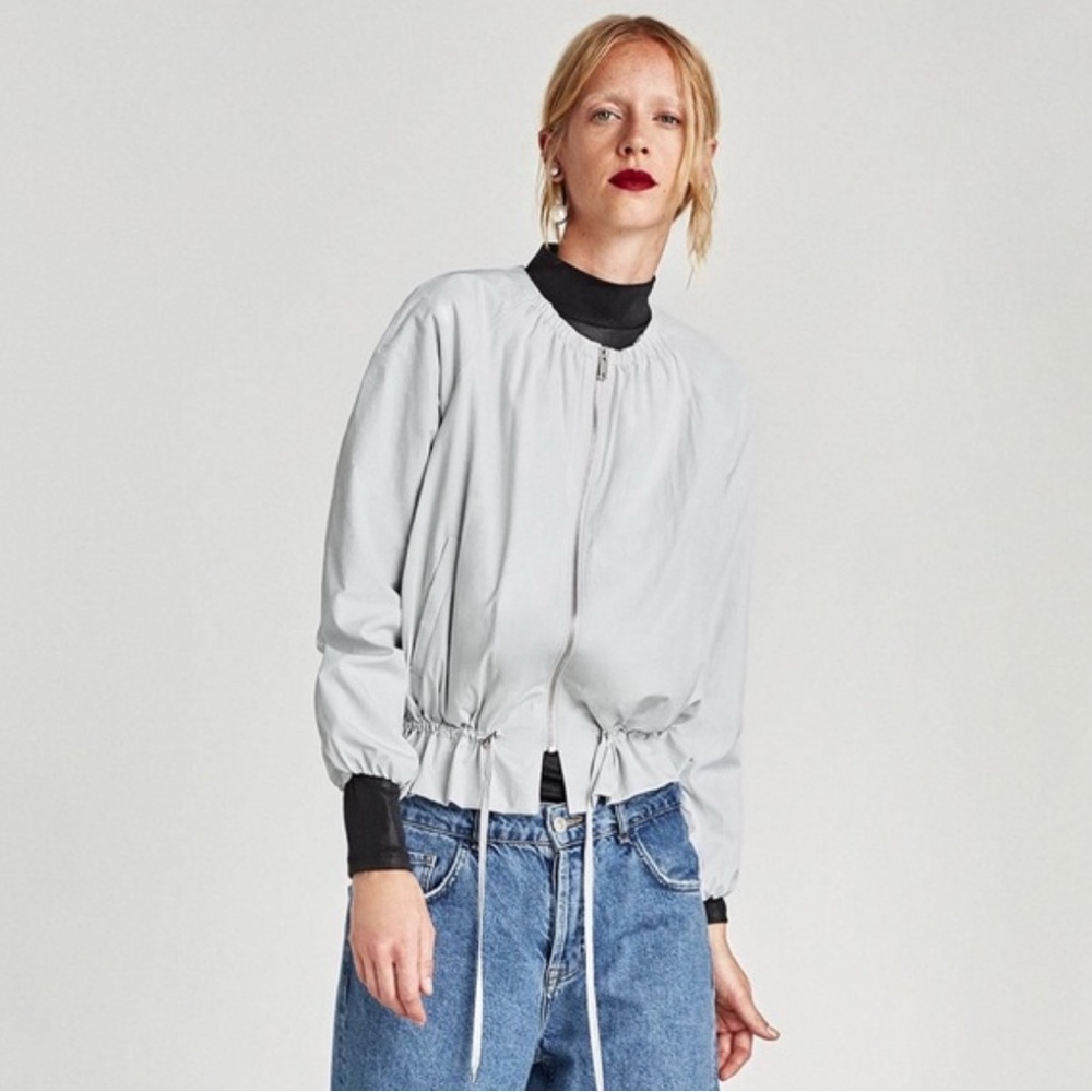 Zara Basic Outerwear‎ Dusty Gray Nylon Bomber Jacket Medium